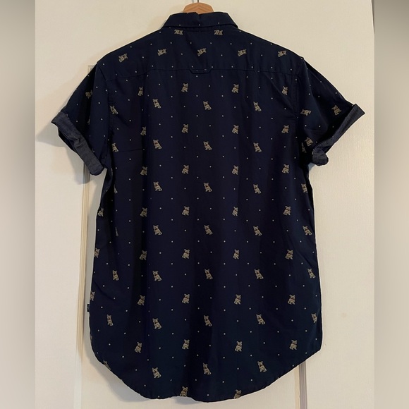 NWT Mens Denim & Flower Frenchie pattern navy blue cotton button down shirt - Picture 2 of 3